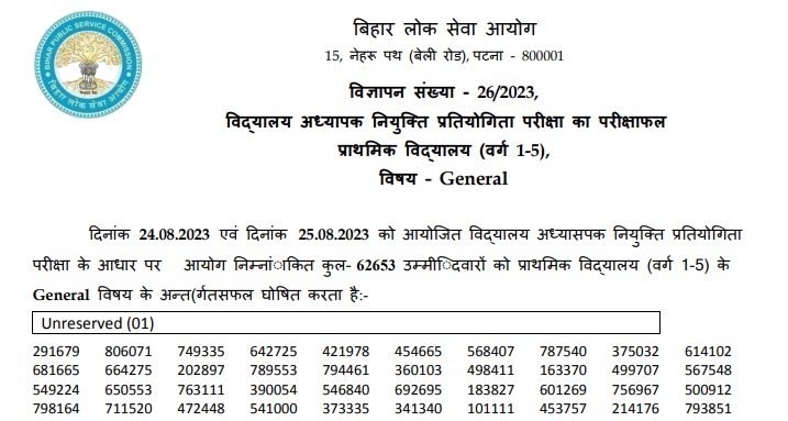 BPSC Teacher Primary Result