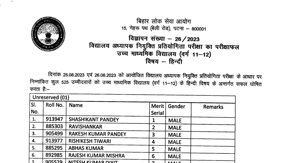 BPSC Teacher Result